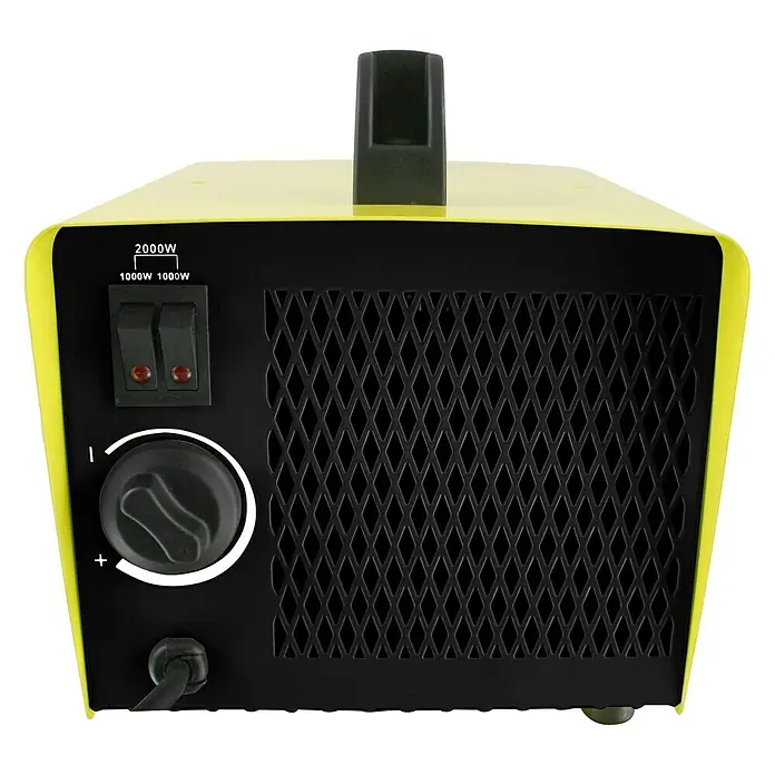 Bauheizer Box - 1.000 W - 2.000 W, Nennspannung: 220 V - 240 V, Gelb/Schwarz - Abbildung eines gelben Keramikraumheizers mit Gitter, Schaltern und Einstellknopf für die Temperaturregelung.