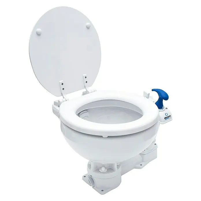Albin Pump Bordtoilette Manuell Kompakt - L x B x H: 40 x 45 x 34 cm, Keramik - Eine weiße Jabsco Marine Toilette mit geöffnetem Deckel und blauem Handgriff.