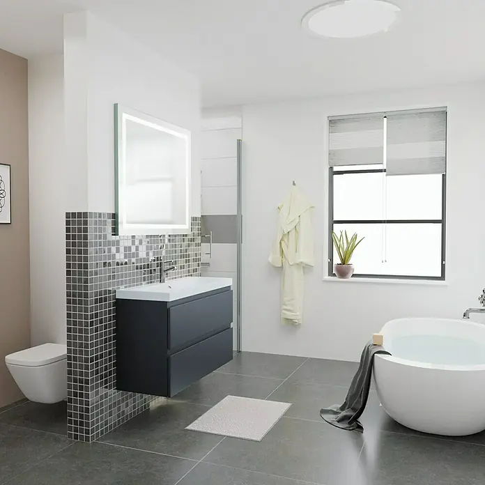 Camargue Espacio Badmöbel-Set i34 - 100 cm, Gama anthrazit matt - Ein modernes Badezimmer mit einem stilvollen Waschtischunterschrank, der durch sein elegantes Design und seine Funktionalität besticht.