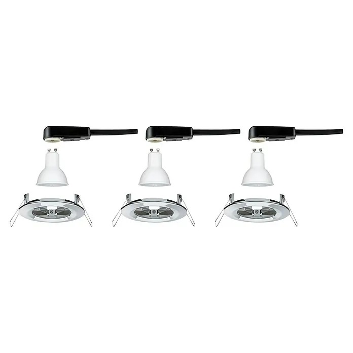 Paulmann LED-Einbauleuchten-Set Nova - 6,5 W, Chrom, 3 Stk., Warmweiß, Durchmesser: 7,8 cm, IP44 - Drei zerlegte LED-Einbaustrahler mit Chromfassung und weißem Leuchtmittel, bereit für die Installation in Decken.