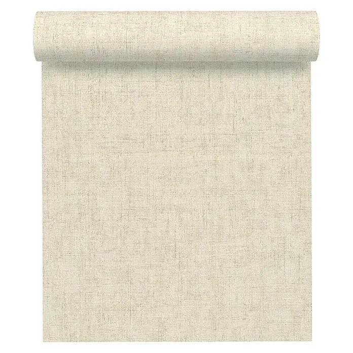A.S. Création Greenery Vliestapete Borneo - Creme/Beige, Uni, 10,05 x 0,53 m - Nahaufnahme einer Rolle eleganter, cremefarbener Tapete mit einer dezenten Textur, die sich perfekt für eine stilvolle Wandgestaltung eignet.