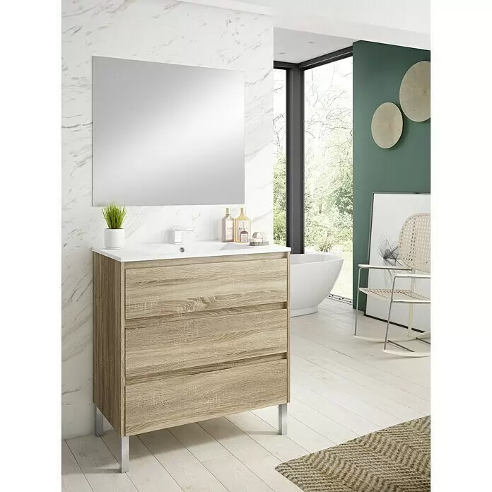 Mueble bajo de lavabo Alexa - L x An x Al: 45 x 100 x 85 cm, Roble - Mueble de baño de madera clara con lavabo blanco y espejo, sobre patas plateadas en un baño moderno.