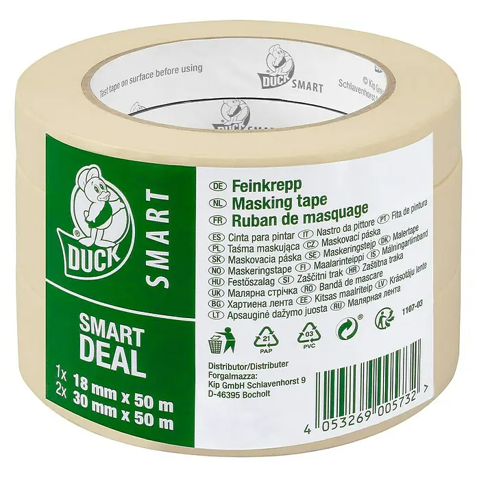Duck Smart Feinkreppband - 3 Stk. - Abbildung einer Duck Smart Feinkrepp-Abdeckbandrolle, ideal für saubere Malerarbeiten und Heimwerkerprojekte.