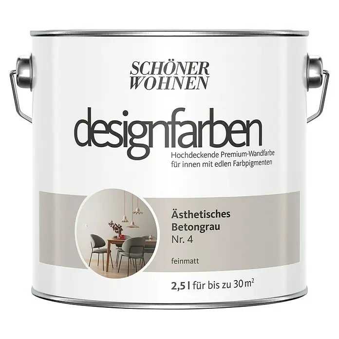 SCHÖNER WOHNEN-Farbe Wandfarbe Designfarbe - Ästhetisches Betongrau, Matt, 2,5 l, Konservierungsmittelfrei - Dose Schöner Wohnen Designfarben "Ästhetisches Betongrau Nr. 4", eine hochwertige Innenwandfarbe mit edlen Farbpigmenten für ein stilvolles Zuhause.