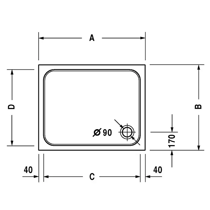 Duravit D-Code Duschwanne - L x B: 90 x 75 cm, Kunststoff, Weiß, Mit Antirutsch-Oberfläche, Rechteckig - Abbildung einer rechteckigen Duschwanne mit Maßangaben für Installation und Sanitär.