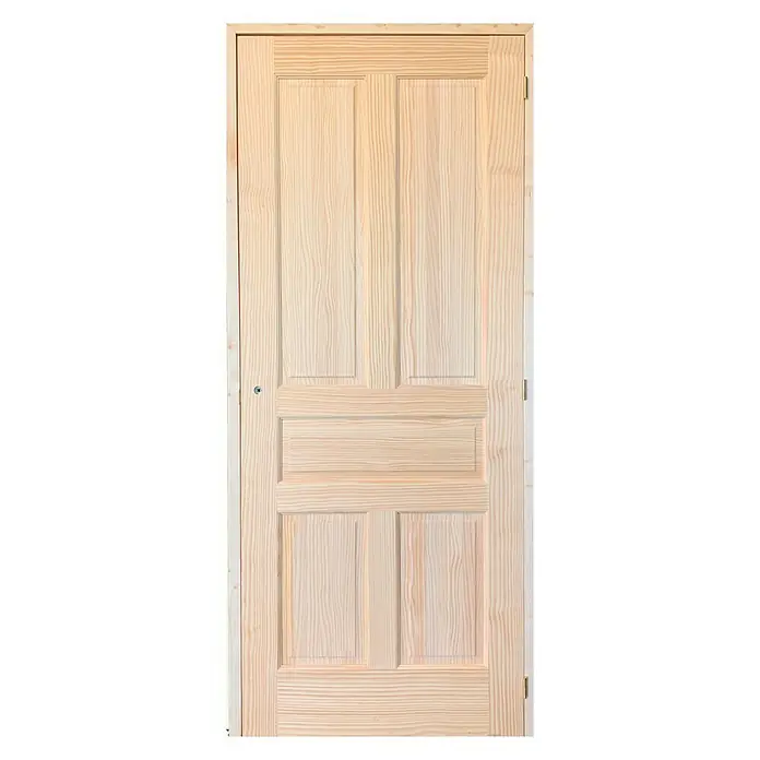 Norma Doors Puerta rústica Pino Natural - 82,5 x 203 cm, Derecha, Natural, Ciega, Puerta de apertura hacia dentro - Una puerta de madera sin acabado con un diseño de cuatro paneles y una construcción de marco simple para el diseño interior. La puerta es clara y natural.