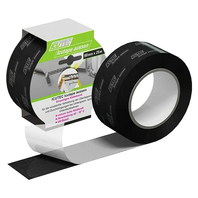 Icutec Klebeband Icutape - 25 m x 6 cm - Produktbild: ICUTEC Icutape aussen, einseitiges Klebeband für winddichte Verklebungen bei Unterspann- bzw. Unterdeckbahnen. Extrem hohe Klebkraft und UV-Stabil.