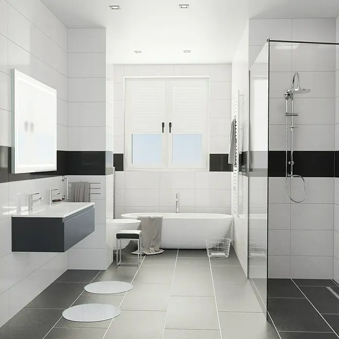 Camargue Espacio Badmöbel-Set K14 - 120 cm, Gama anthrazit matt - Modernes Badezimmer mit Badewanne, Dusche und Waschbecken in Schwarz und Weiß. Die Fliesen und die Einrichtung verleihen dem Raum ein elegantes Aussehen.