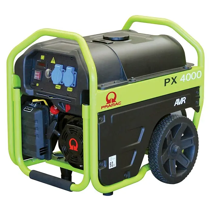 Pramac Generador PX4000 - 2,3 kW, Volumen del depósito: 18,5 l, Consumo: 1,29 l/h - La imagen muestra un generador Pramac PX 4000, con un marco verde y una carcasa negra, diseñado para soluciones de energía móvil.