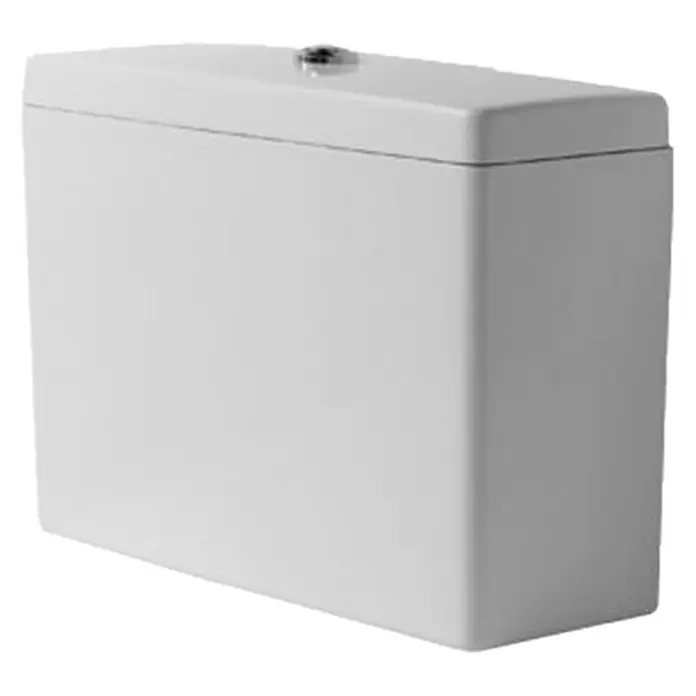 Duravit Starck 3 Spülkasten - Ohne Spezialglasur, Keramik, Weiß, Zulauf: Unten - Ein weißer, rechteckiger Spülkasten mit einem Knopf oben, der typischerweise in Badezimmern zu finden ist.