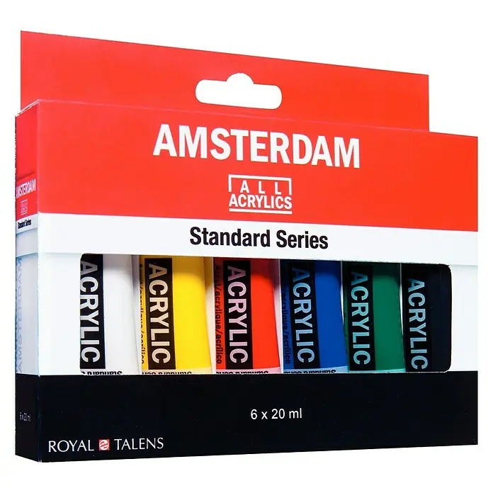 Talens Amsterdam Pintura acrílica Standard Series - Multicolor, 6 ud. x 20 ml, Tubo - Un paquete de pintura acrílica Amsterdam Standard Series con seis tubos de 20 ml en varios colores.