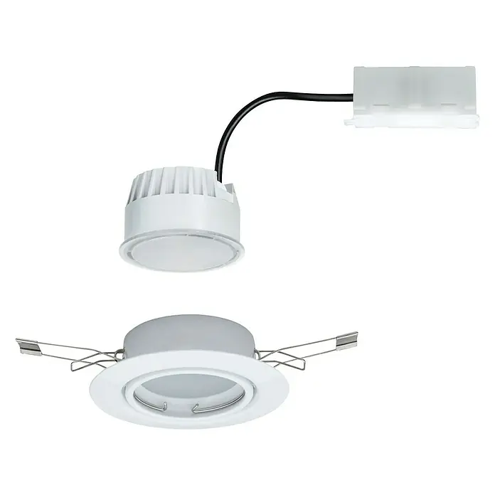 Paulmann LED-Einbauleuchte Base - 5 W, Weiß, Warmweiß, Durchmesser: 51 mm - Aufnahme einer LED-Einbauleuchte mit weißem Rahmen, Vorschaltgerät und Verkabelung auf schwarzem Hintergrund für den Innenbereich.