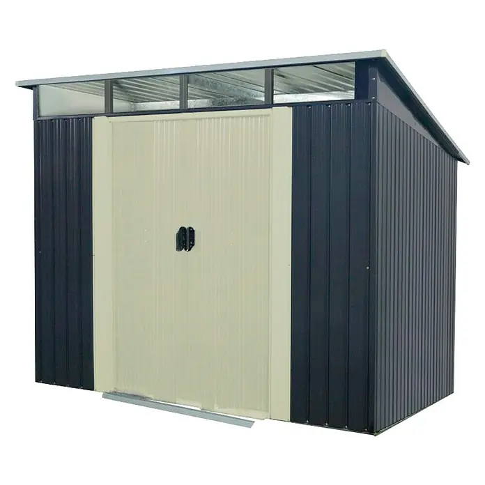 Hoggar Gerätehaus Gänsen II - Außenmaß inkl. Dachüberstand (B x T): 238 x 193 cm, Grundfläche: 4,6 m², Anthrazitgrau, Stahl - Ein geräumiges Metall-Gartenhaus mit Doppeltür und Oberlicht für zusätzlichen Stauraum und Helligkeit im Garten.