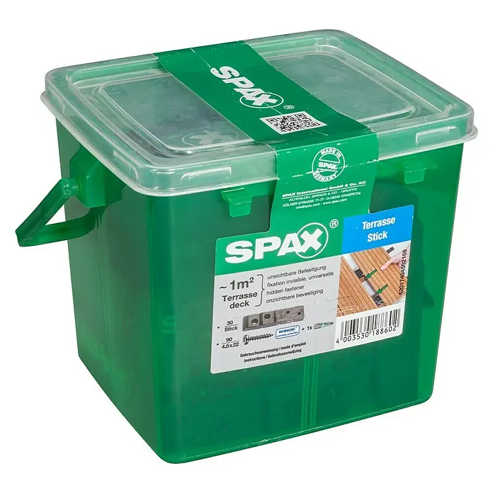Spax Terrassendielen-Clip Set - 30 Stk. - Eine grüne Box mit Spax Terrassenschrauben, ideal für unsichtbare Befestigungen und zur Montage von Terrassendielen.