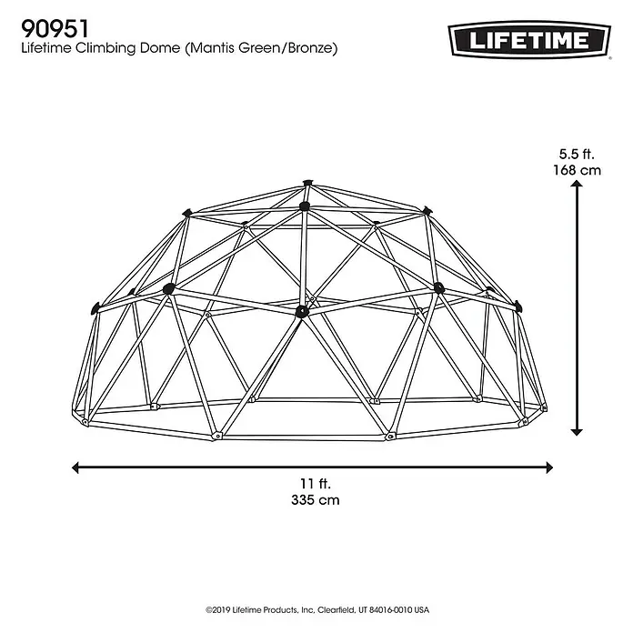 Lifetime Klettergerüst Geodome - 335 x 335 x 168 cm, Metall, Grün, Bronze - Abbildung einer Lifetime Kletterkuppel in Mantis Grün/Bronze, die eine Höhe von 168 cm und eine Breite von 335 cm hat.