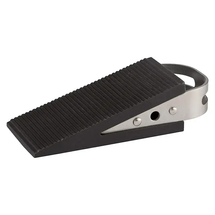 Türkeil mit Griff - L x B x H: 5 x 32 x 10 mm, Silber/Schwarz - Keilförmiger Türstopper aus schwarzem Gummi mit rutschfester Oberfläche und Metallelementen.