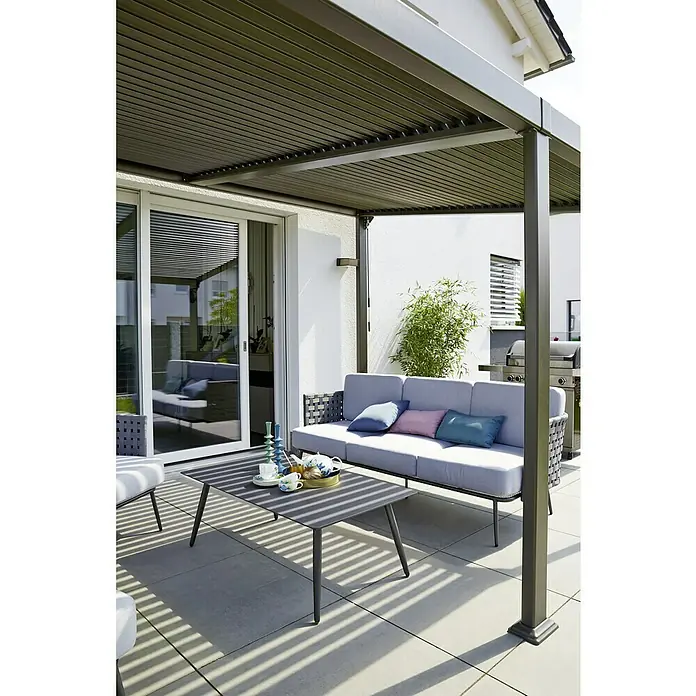 Sunfun Anstellpavillon Palma - B x T: 400 x 300 cm, Anthrazit, Aluminium - Moderne Terrassenüberdachung mit Möbeln. Das schattenspendende Design und die elegante Loungegruppe laden zum Verweilen ein.