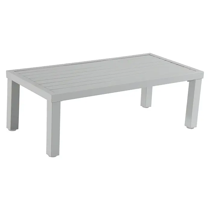 Sunfun Hannah Conjunto de muebles - 3 pzs., Aluminio, Gris claro - Imagen de una mesa de centro rectangular moderna en gris con diseño de listones, perfecta para espacios exteriores.