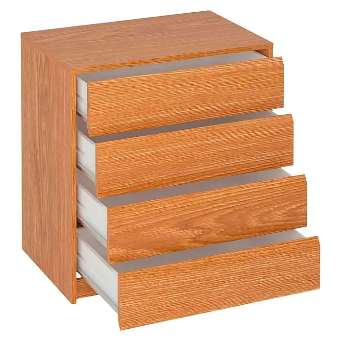 Meka Block Cajonera K-764 - L x An x Al: 45 x 70 x 73,4 cm, Roble, Número de cajones: 4 ud. - Cajonera de madera con cuatro cajones parcialmente abiertos, ideal para el almacenamiento.