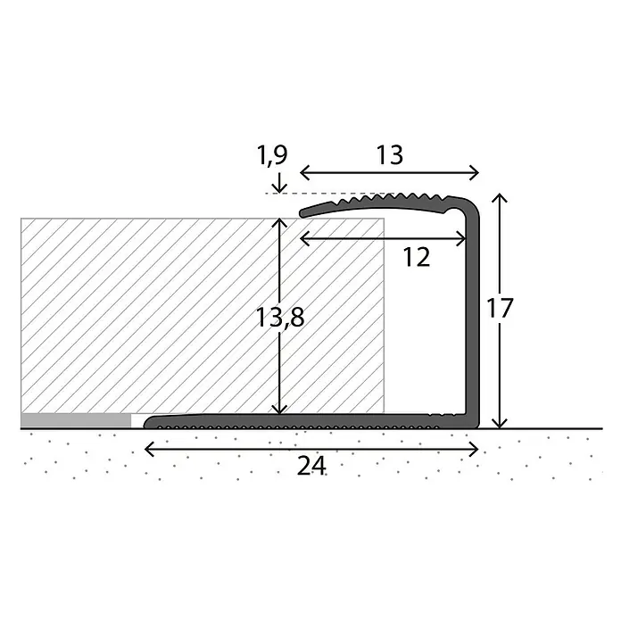 LOGOCLIC Endprofil 253 - Silber, 2,7 m x 24 mm x 17 mm, Montageart: Kleben - Detailansicht eines Treppenkantenprofils mit genauen Maßangaben für Installation und Design. Sichere und stilvolle Lösung für Treppen.
