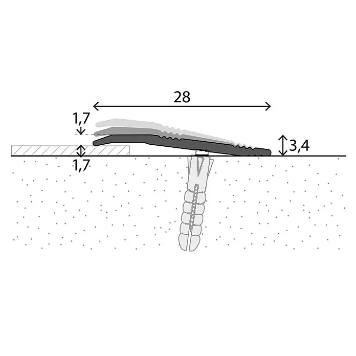 LOGOCLIC Rampenprofil 262 - Edelstahl matt, 0,9 m x 28 mm, Montageart: Schrauben - Eine technische Zeichnung einer Bodenschiene mit den Maßen 28, 1,7 und 3,4 für eine detaillierte Produktansicht.