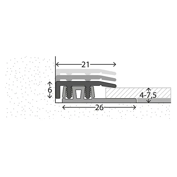 LOGOCLIC Abschlussprofil 324 - Silber, 2,7 m x 21 mm, Montageart: Stecken - Eine detaillierte Zeichnung eines Übergangsprofils mit Maßangaben. Das Profil ist für Bodenbeläge verschiedener Höhen konzipiert.