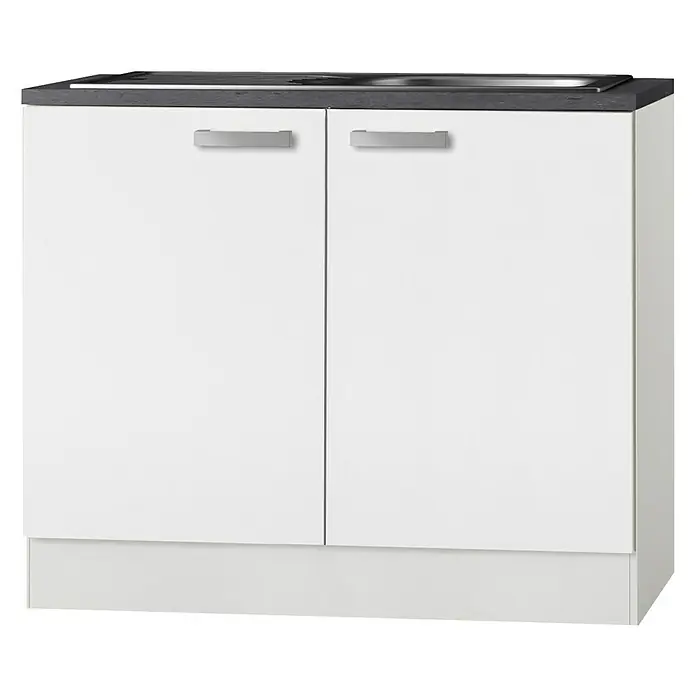 Optifit Oslo Spülenunterschrank - 60 x 100 x 84,8 cm, Mit Arbeitsplatte + Einbauspüle, Weiß - Ein moderner Unterschrank mit Waschbecken, bestehend aus weißen Schranktüren und einer dunklen Arbeitsplatte, ideal für jedes Badezimmer.