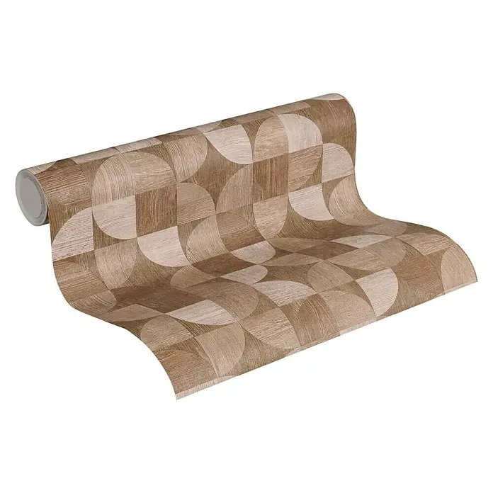 A.S. Création Metropolitan Stories Vliestapete Holzdesign - Braun, Holzoptik, 10,05 x 0,53 m - Abbildung einer Tapetenrolle mit einem geometrischen Muster in Braun- und Beigetönen. Diese Tapete ist ein echter Hingucker für jeden Raum.