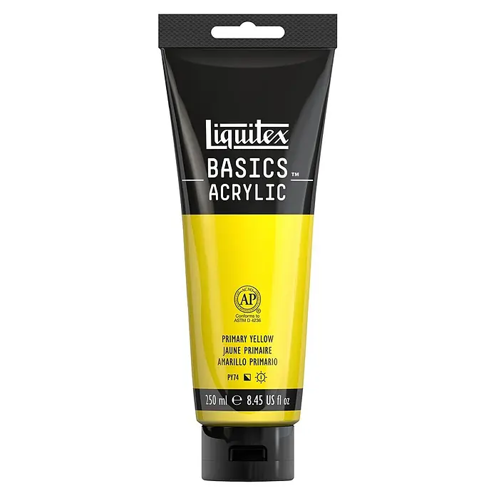 Liquitex Basics Acrylfarbe - Primärgelb, 250 ml - Eine Tube Liquitex Basics Acrylfarbe in der Farbe Primärgelb.