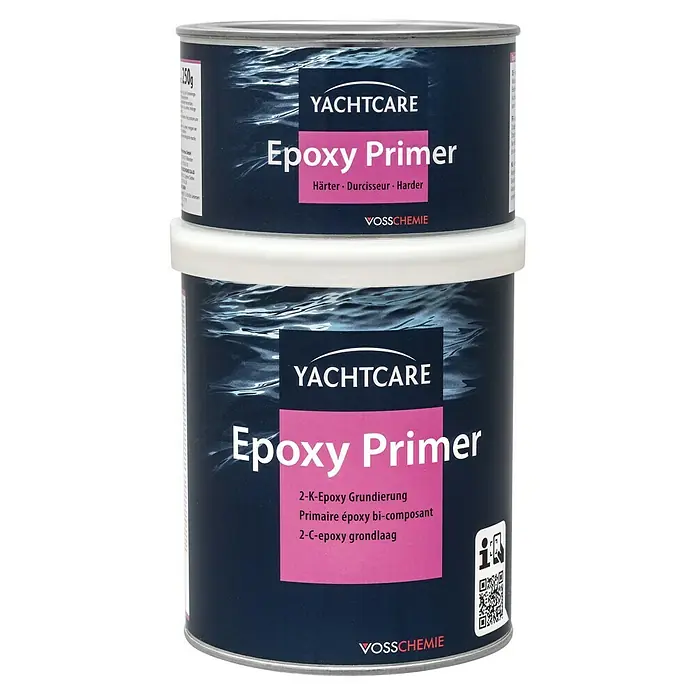 Yachtcare Epoxy Primer - Weiß, 750 ml - Abbildung von YACHTCARE Epoxy Primer, ein 2-K-Epoxy Grundierungssystem für Boote, bestehend aus Härter und Basis.