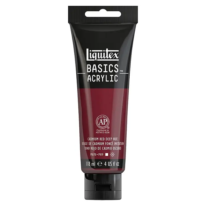Liquitex Basics Acrylfarbe - Kadmiumrot dunkel, 118 ml - Eine Tube Liquitex Basics Acrylfarbe in Kadmiumrot Tief, ideal für Kunstprojekte und Hobbyanwendungen, mit 118 ml Inhalt.