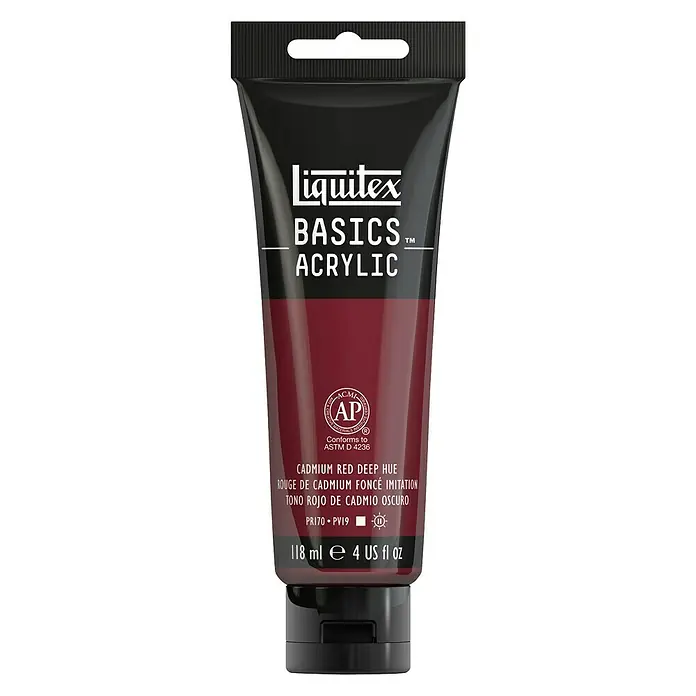 Liquitex Basics Acrylfarbe - Kadmiumrot dunkel, 118 ml - Eine Tube Liquitex Basics Acrylfarbe in Kadmiumrot Tief, ideal für Kunstprojekte und Hobbyanwendungen, mit 118 ml Inhalt.