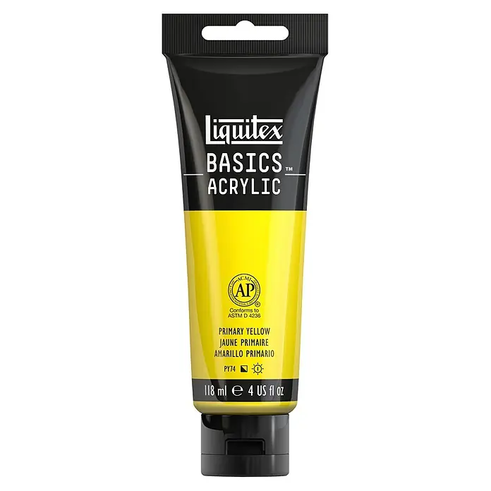Liquitex Basics Acrylfarbe - Primärgelb, 118 ml - Nahaufnahme einer Tube Liquitex Basics Acrylfarbe in Primärgelb, ideal für Künstler und Hobbymaler, die Wert auf Qualität legen.