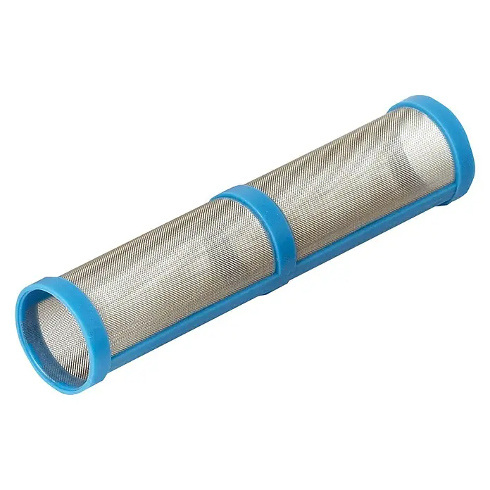 Graco Magnum Filtro Easy Out - Azul - En la imagen se muestra un filtro colador azul, utilizado para filtrar líquidos o partículas. Es cilíndrico y tiene una estructura de malla fina.
