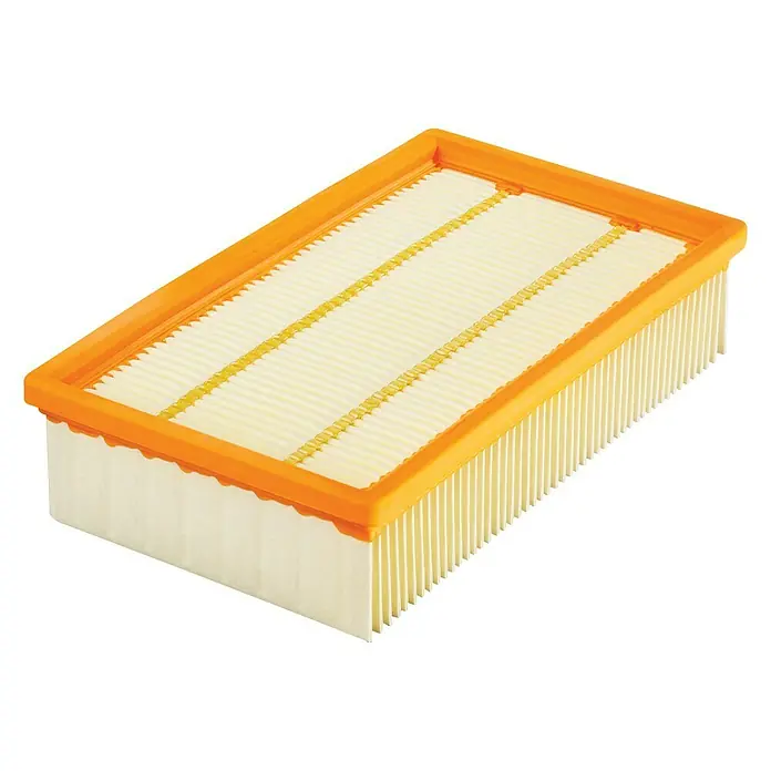 Bosch Flachfaltenfilter - Zellulose - Rechteckiger Luftfilter mit orangem Rahmen. Das Filterelement ist weiß und hat gelbe Verstärkungen, was für eine optimale Leistung sorgt.