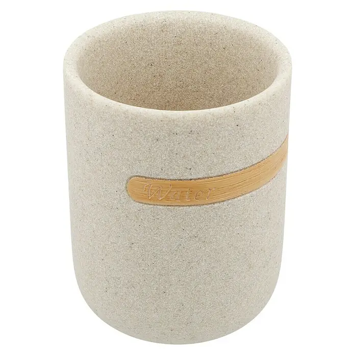 Venus Empire Zahnputzbecher - Polyresin, Sand - Beiger Keramikbecher mit Bambusband und dem Schriftzug "Water", ideal für Badaccessoires.
