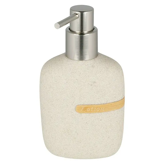 Venus Empire Seifenspender - Polyresin, Sand - Elegante Lotion Spender aus Stein mit einem silberfarbenen Spenderkopf, perfekt für jedes Badezimmer. Das Wort "Lotion" ist auf dem Spender zu lesen.