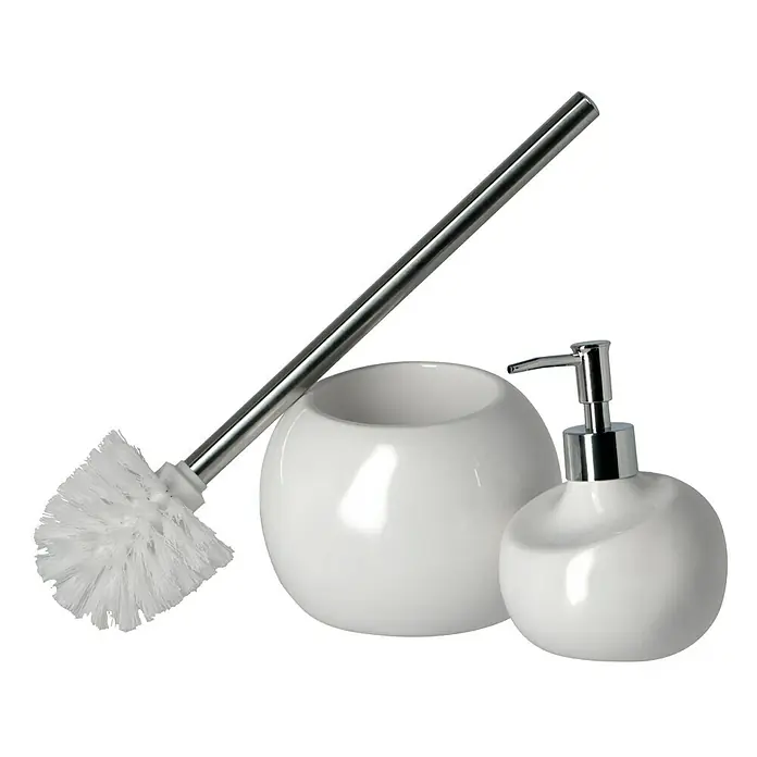 Venus Seifenspender Bowl - Keramik, Weiß, Durchmesser: 10,5 cm - Ein elegantes Badezimmerset in Weiß mit einer Toilettenbürste, einem Seifenspender und einem Behälter. Stilvolle Badaccessoires.