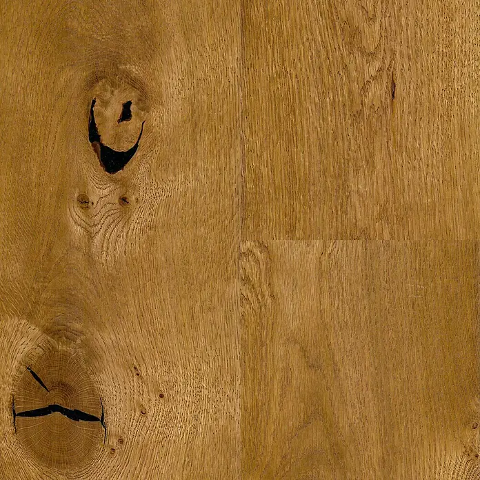 Parkettmuster Eiche Fabia - 300 x 190 x 14 mm, Landhausdiele - Nahaufnahme einer Holzoberfläche mit Astlöchern, die eine rustikale und natürliche Ästhetik des Holzprodukts hervorheben.