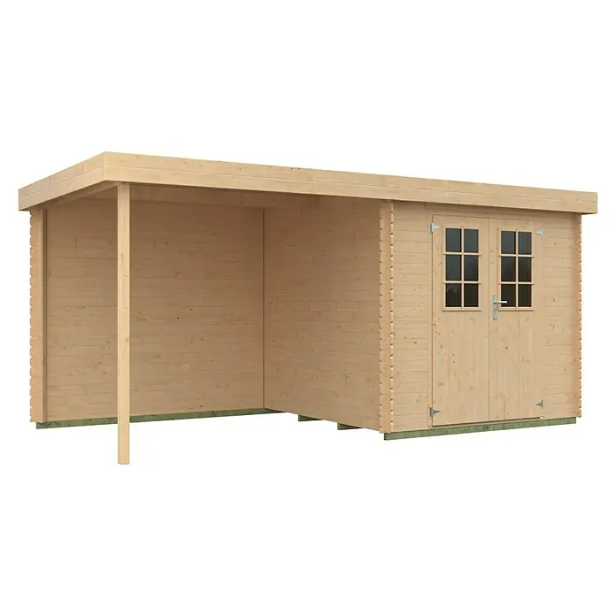 Kiehnholz Gartenhaus Eco-Lounge - Außenmaß inkl. Dachüberstand (B x T): 454 x 230 cm, Holz, Natur - Das Bild zeigt ein Holzgartenhaus mit einem kleinen überdachten Bereich und einer Doppeltür. Das Gartenhaus ist aus hellem Holz gefertigt und hat Fenster in den Türen.