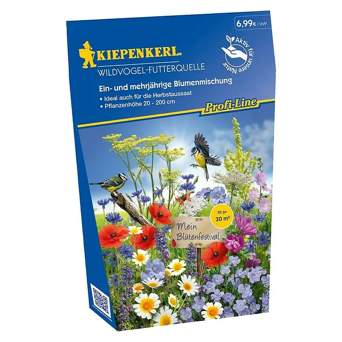 Kiepenkerl Profi-Line Blumensamenmischung - Wildvogel-Futterquelle, Verschiedene Sorten, Blütezeit: Juni, 30 m² - Das Bild zeigt eine Packung Kiepenkerl Wildvogel-Futterquelle, eine ein- und mehrjährige Blumenmischung für den Garten.