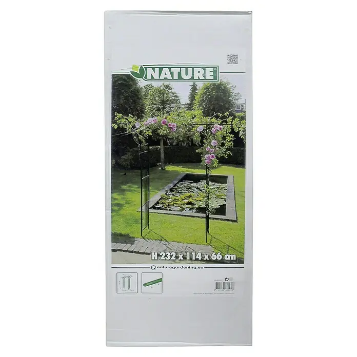 Nature Rosenbogen - Schwarz - Bild eines Nature-Rosenbogens mit den Maßen H 232 x 114 x 66 cm, der eine Gartenszene mit einem Teich und Rosen umrahmt.
