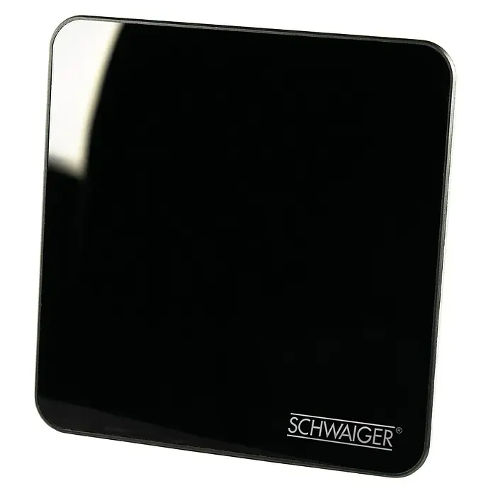 Schwaiger Zimmerantenne DVB-T2 HD - Schwarz, 230 V AC/6 V DC - Das Bild zeigt eine quadratische, glänzende schwarze SCHWAIGER Antenne, die sich für optimalen Empfang eignet und ein modernes Design aufweist.