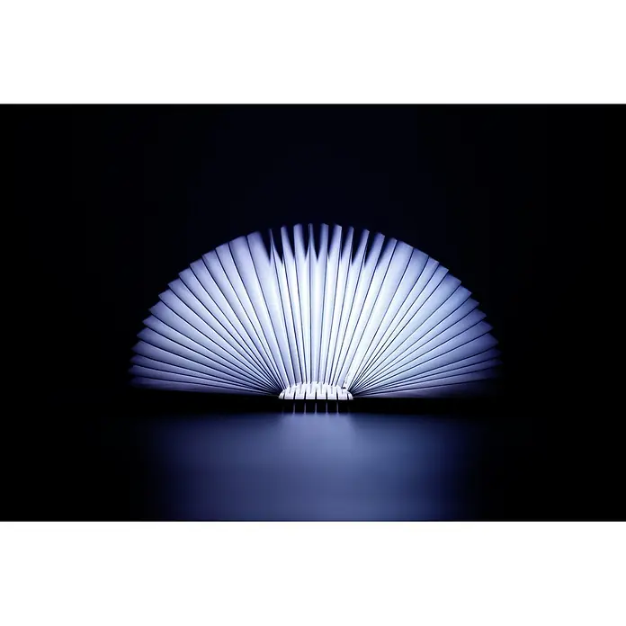 Voltomat Luz de noche LED - Marrón/Transparente, 2,5 x 9 x 12,3 cm, RGBW - Primer plano de una lámpara de libro, diseñada para parecerse a un libro abierto con páginas iluminadas. La lámpara emite una luz azul suave.