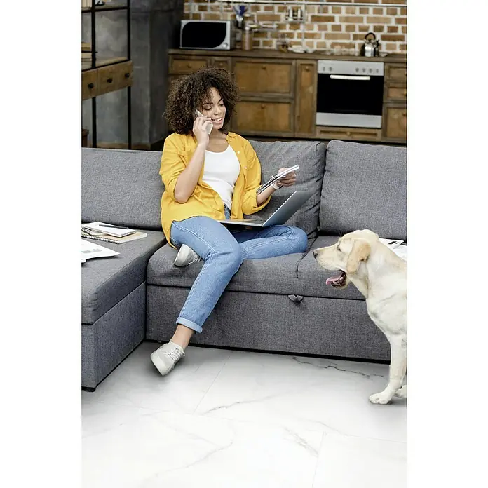 Feinsteinzeugfliese Rock Ford - L x B x S: 60 x 120 x 1 cm, Weiß/Grau, Glänzend - Eine Frau sitzt mit einem Laptop auf der Couch und telefoniert, während ein Hund neben ihr steht.