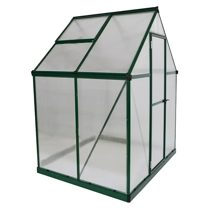 Palram – Canopia Gewächshaus Mythos 6x4 - Außenmaß inkl. Dachüberstand (B x T): 185 x 126 cm, 4 mm, Grün - Ein geräumiges Gewächshaus mit grüner Umrandung und transparenten Wänden. Ideal für Hobbygärtner zur Pflanzenzucht.