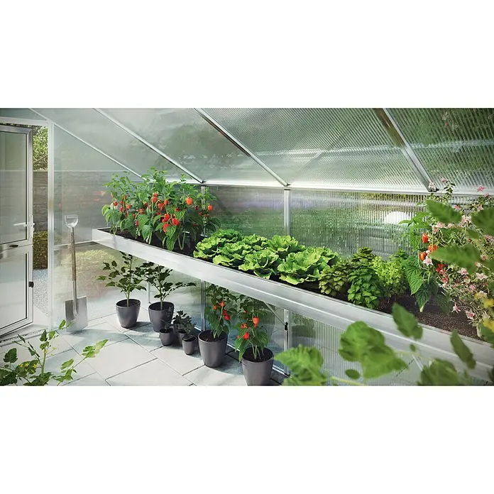 KGT Pflanzkasten Rose IV -  - Ein Gewächshaus mit einem Regal voller Pflanzen, darunter Salat, Paprika und andere Gemüsesorten, die in Töpfen und Behältern angebaut werden.