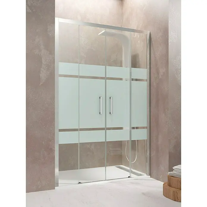 GME Mampara de ducha frontal Aktual Spazio - 190 x 195 cm, Vidrio serigrafiado, Plata brillo - Cabina de ducha moderna con vidrio transparente y rayas horizontales decorativas para un diseño de baño elegante.