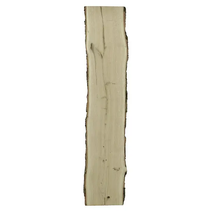 Blockware - Eiche, Anfallende Breite: 30 cm - 35 cm, 200 x 2,6 cm - Eine rohe Holzplanke mit natürlicher Rinde an den Seiten, ideal für rustikale Möbelprojekte oder dekorative Akzente.