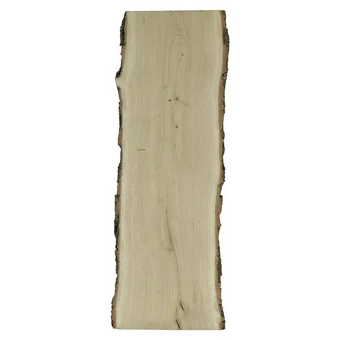 Blockware - Eiche, Anfallende Breite: 36 cm - 40 cm, 120 x 2,6 cm - Rohe Holzplatte mit Baumkante. Ideal für rustikale Möbelprojekte, die eine natürliche und authentische Note wünschen.